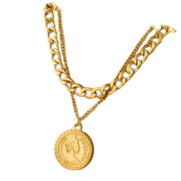 Two Layered Coin Pendant Gold Necklace - Picture 1 of 2